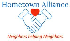 Logo- Hometown Alliance Neighbors Helping Neighbors. Shaking hands with heart 